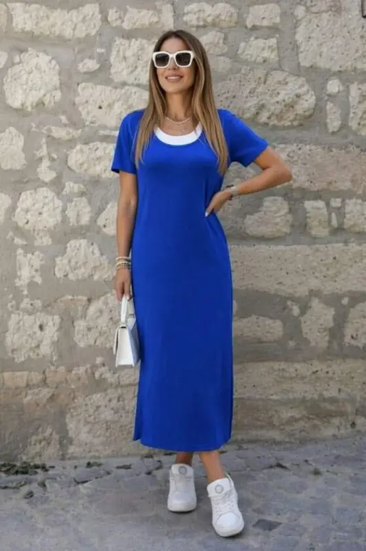 Women's Short Sleeve Side Slit Long Viscose Dress with Built-in Tank Top Look - 2