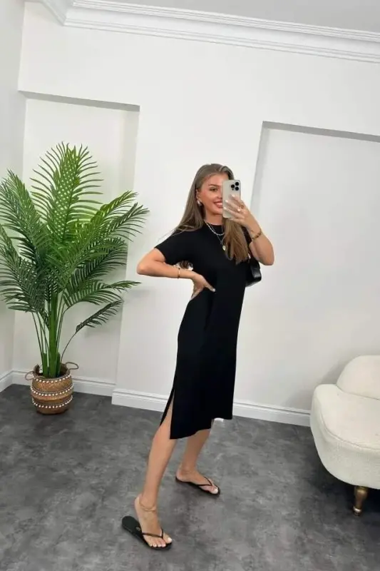 Women's Short Sleeve Slit Detailed Oversized Viscose Dress - 1