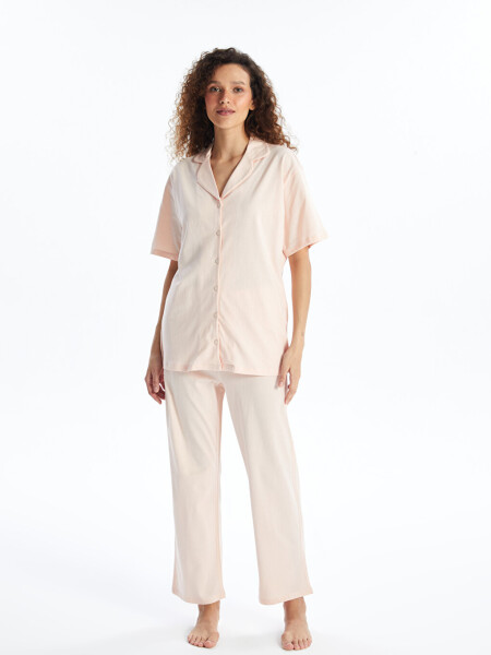 Women's Short Sleeve Solid Pajama Set with Shirt Collar - 12