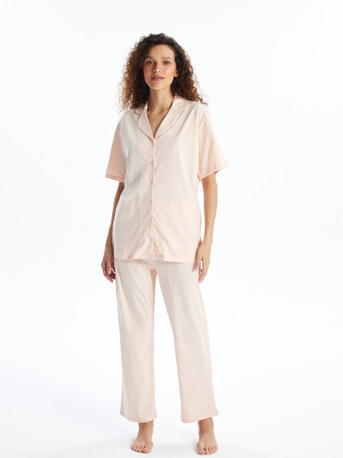 Women's Short Sleeve Solid Pajama Set with Shirt Collar - 12