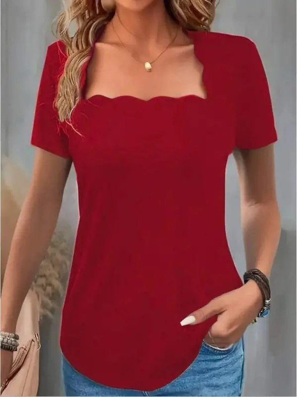 Women's Short Sleeve Square Laser Collar Shimmer Crepe Blouse - 1