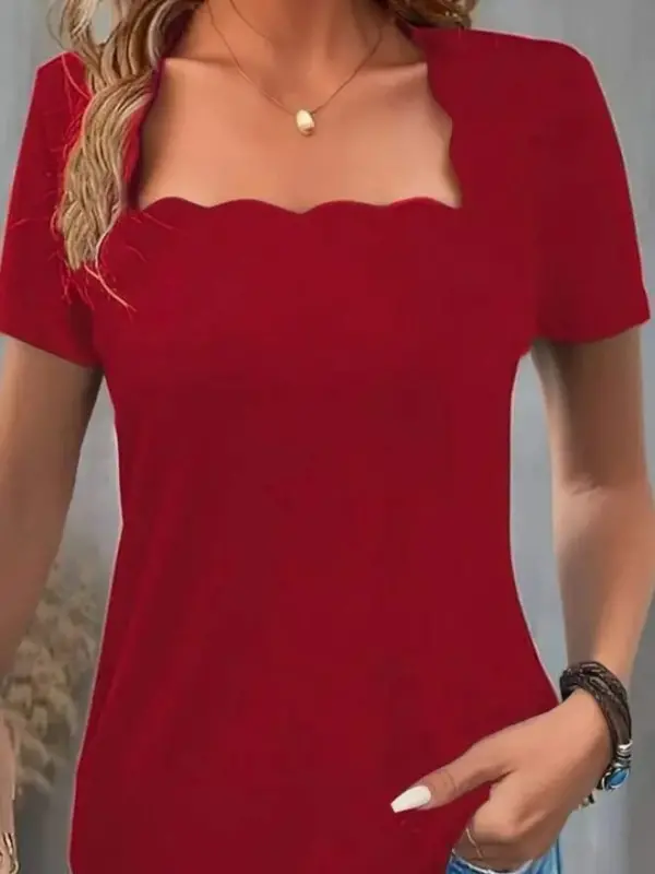 Women's Short Sleeve Square Laser Collar Shimmer Crepe Blouse - 2