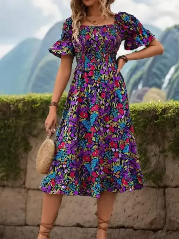 Women's Short Sleeve Square Neck Elastic Waist Floral Print Mini Supima Dress - BÜYÜKBEDENIZ