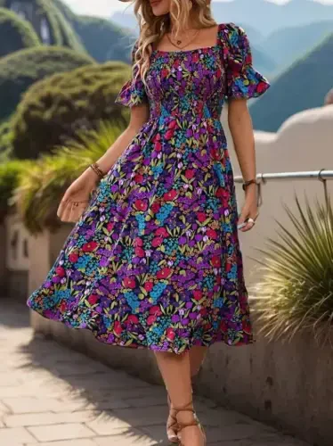 Women's Short Sleeve Square Neck Elastic Waist Floral Print Mini Supima Dress - 4