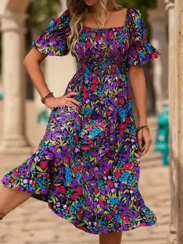 Women's Short Sleeve Square Neck Elastic Waist Floral Print Mini Supima Dress - 6