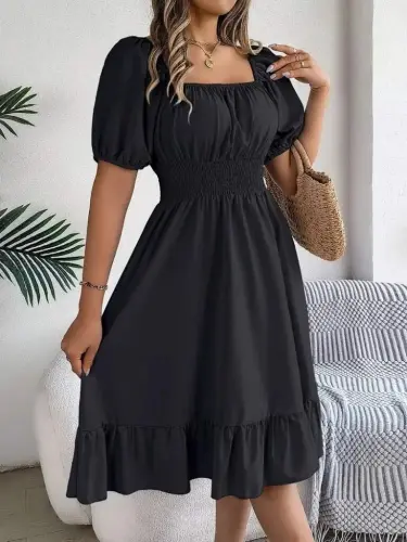 Women's Short Sleeve Square Neck Elastic Waist Short Knit Dress - 4