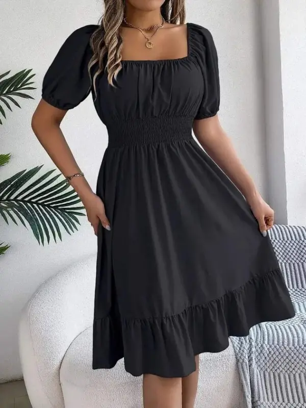 Women's Short Sleeve Square Neck Elastic Waist Short Tricot Dress - 2