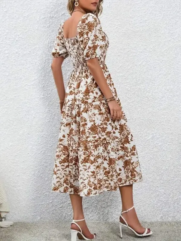 Women's Short Sleeve Square Neck Elasticated Patterned Supima Dress - 5