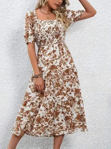 Women's Short Sleeve Square Neck Elasticated Patterned Supima Dress - BÜYÜKBEDENIZ (1)