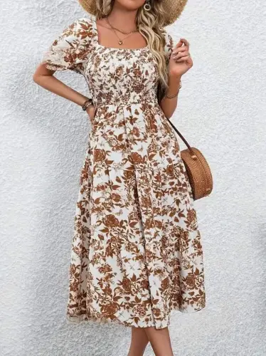 Women's Short Sleeve Square Neck Elasticated Patterned Supima Dress - 4