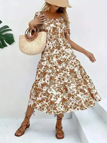 Women's Short Sleeve Square Neck Elasticated Patterned Supima Dress - 6