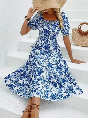 Women's Short Sleeve Square Neck Elasticated Patterned Süprem Dress - 8