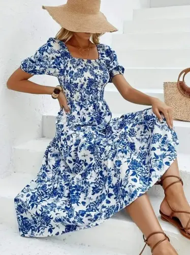 Women's Short Sleeve Square Neck Elasticated Patterned Süprem Dress - 1