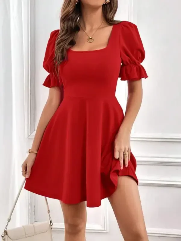 Women's Short Sleeve Square Neck Flared Imported Crepe Dress - 3