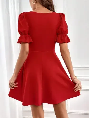 Women's Short Sleeve Square Neck Flared Imported Crepe Dress - 4