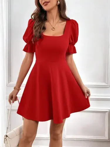 Women's Short Sleeve Square Neck Flared Imported Crepe Dress - 5