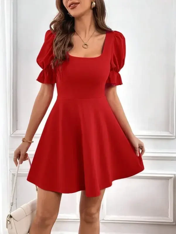 Women's Short Sleeve Square Neck Flared Imported Crepe Dress - 5