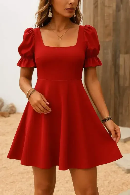 Women's Short Sleeve Square Neck Flared Imported Crepe Dress - 1