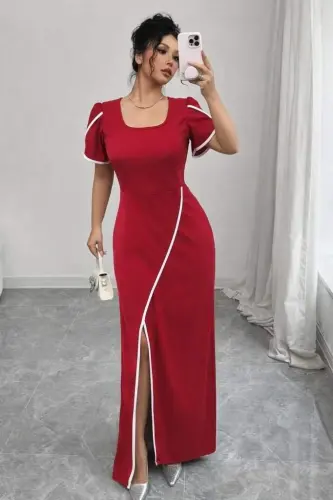 Women's Short Sleeve Square Neck Front Cross Cut Detailed Crepe Dress - 1