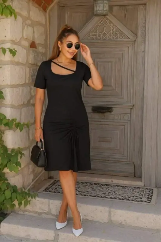 Women's Short Sleeve Square Neck Lace-up Detail Crinkle Crepe Dress - 1