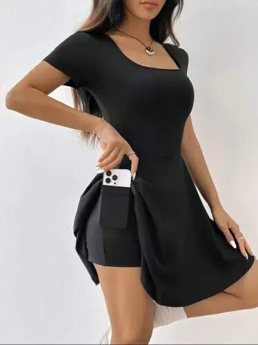 Women's Short Sleeve Square Neck Pocket Detailed Scuba Dress Jumpsuit - 3