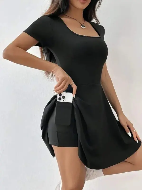 Women's Short Sleeve Square Neck Short Detailed Pocketed Scuba Dress - 3