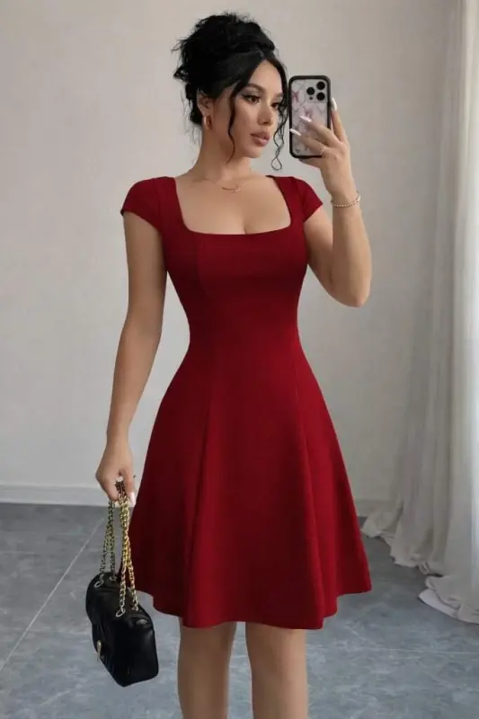 Women's Short Sleeve Square Neck Short Imported Crepe Dress - 2