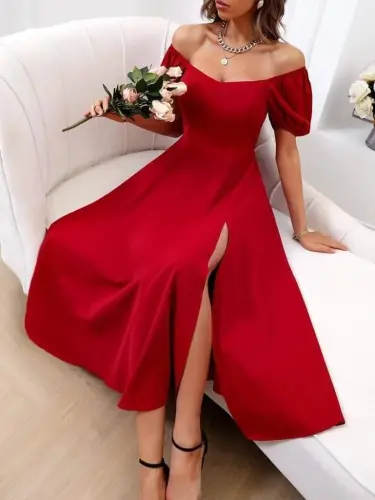 Women's Short Sleeve Square Neck Slit Midi Crinkle Crepe Dress - 1