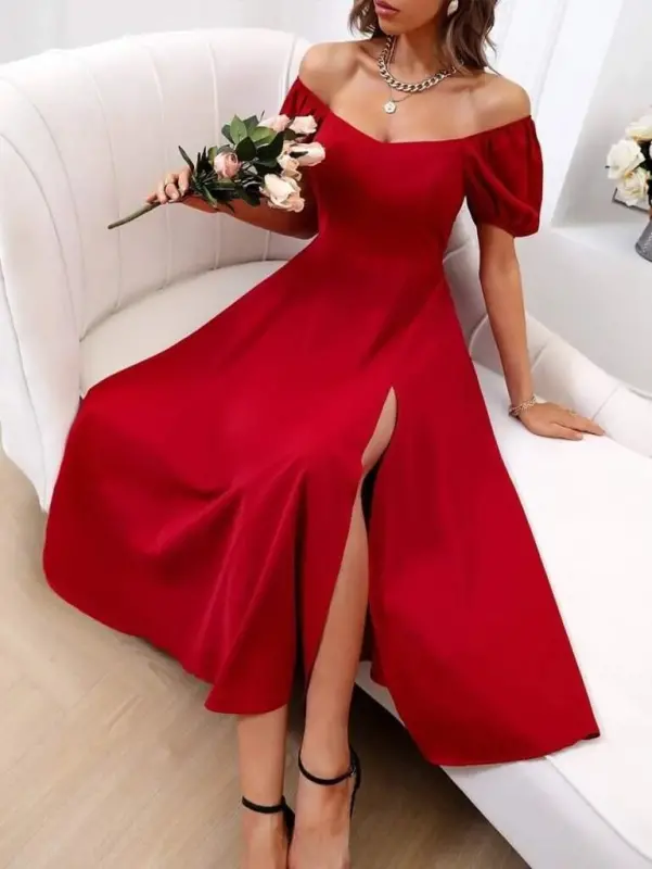 Women's Short Sleeve Square Neck Slit Midi Crinkle Crepe Dress - 1