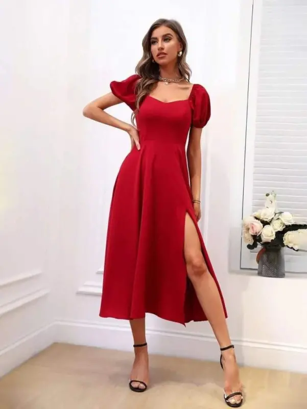 Women's Short Sleeve Square Neck Slit Midi Crinkle Crepe Dress - 2