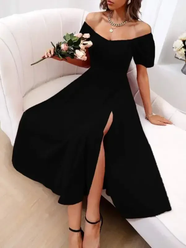 Women's Short Sleeve Square Neck Slit Midi Crinkle Crepe Dress - BÜYÜKBEDENIZ