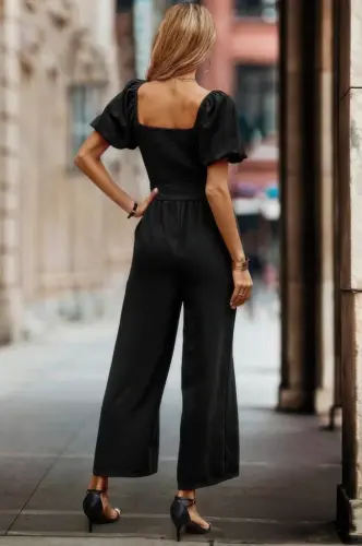 Women's Short Sleeve Square Neck Smocked Bust Belted Long Shimmer Jumpsuit - 4