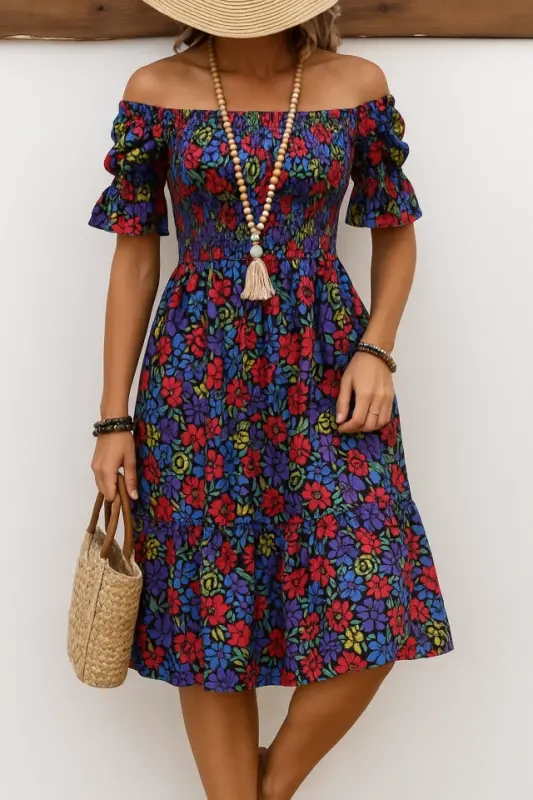 Women's Short Sleeve Square Neck Smocked Waist Floral Print Mini Supreme Dress - 1