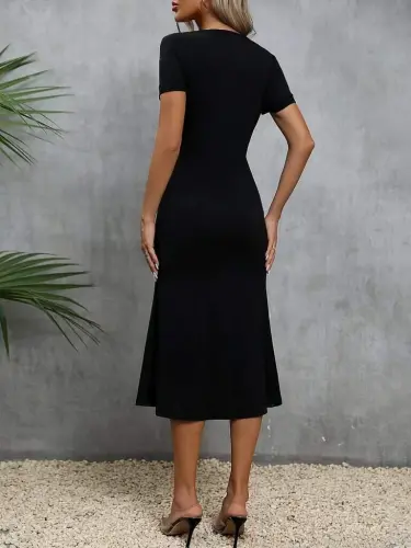 Women's Short Sleeve Square Neck Tie Detailed Crinkle Crepe Dress - 4