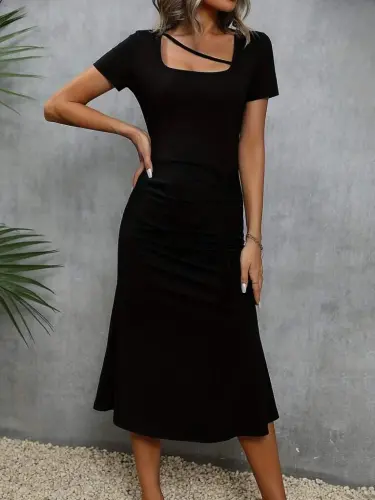 Women's Short Sleeve Square Neck Tie Detailed Crinkle Crepe Dress - 5