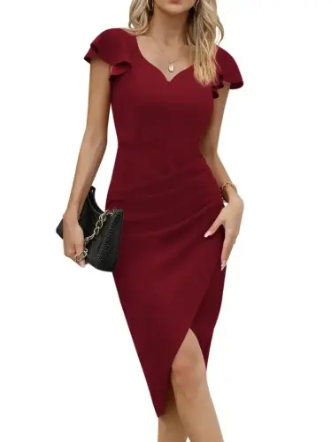 Women's Short Sleeve Sweetheart Neck Side Ruched Detail Midi Imported Crepe Dress - 5