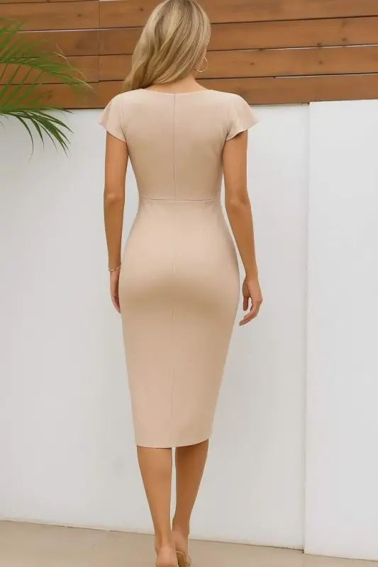 Women's Short Sleeve Sweetheart Neckline Side Ruched Detail Midi Imported Crepe Dress - 2