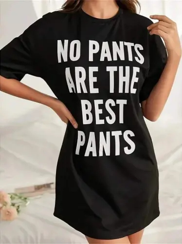 Women's Short Sleeve Text Print Basic Mini Dress - 5