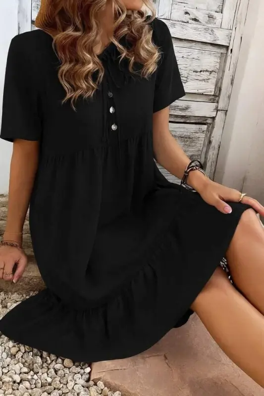 Women's Short Sleeve Tie Neck Button Front Ruffle Patterned Supima Dress - 1