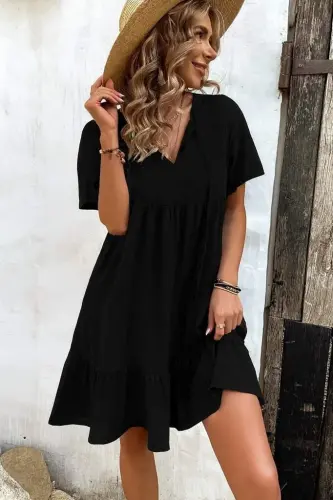 Women's Short Sleeve Tie Neck Button Front Ruffle Patterned Supima Dress - BÜYÜKBEDENIZ (1)