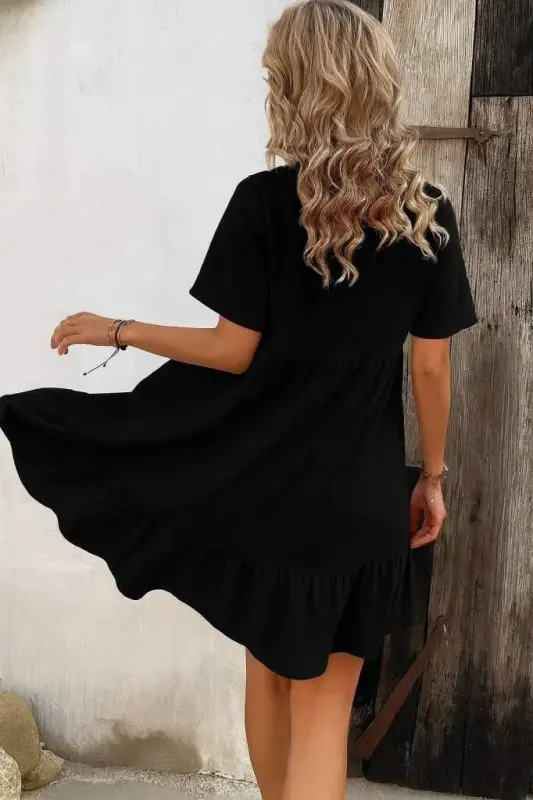 Women's Short Sleeve Tie Neck Button Front Ruffle Patterned Supima Dress - 3