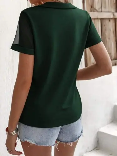 Women's Short Sleeve Tulle Detailed Beaded Janjan Crepe Blouse - 3