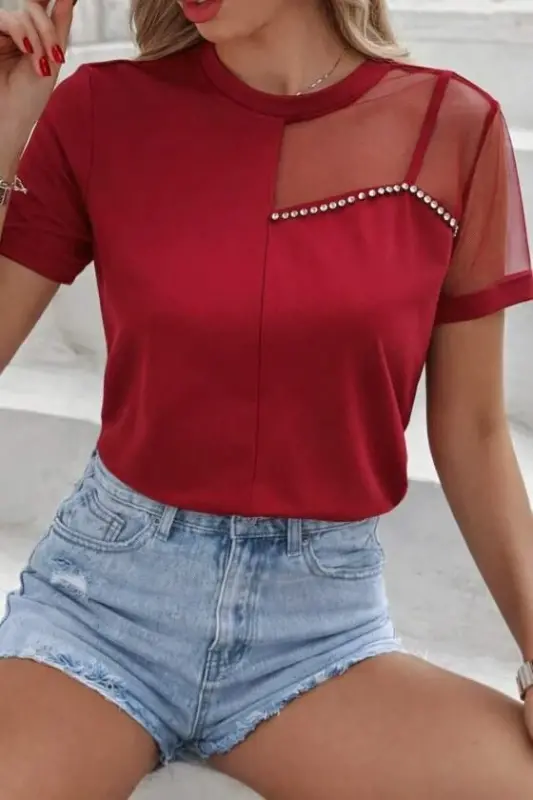 Women's Short Sleeve Tulle Detailed Rhinestone Janjan Crepe Blouse - 1