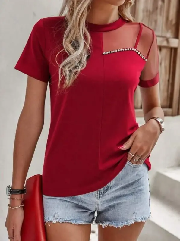 Women's Short Sleeve Tulle Detailed Rhinestone Janjan Crepe Blouse - 2