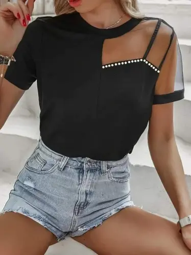Women's Short Sleeve Tulle Detailed Rhinestone Shimmer Crepe Blouse - 1