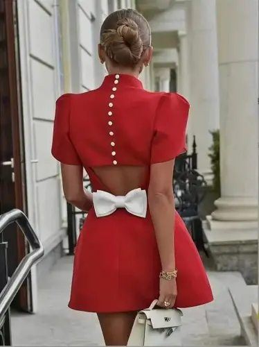 Women's Short Sleeve Turtleneck Butterfly Back Detail Short Satin Dress - 1