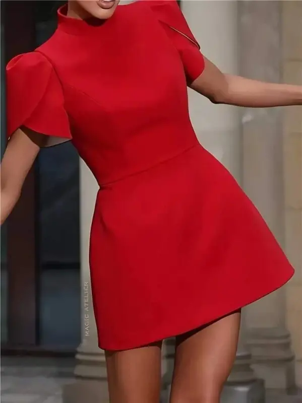 Women's Short Sleeve Turtleneck Butterfly Back Detail Short Satin Dress - 2