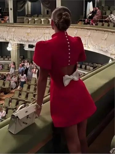 Women's Short Sleeve Turtleneck Butterfly Back Detail Short Satin Dress - 3