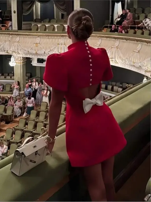 Women's Short Sleeve Turtleneck Butterfly Back Detail Short Satin Dress - 3