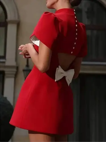 Women's Short Sleeve Turtleneck Butterfly Back Detail Short Satin Dress - 6